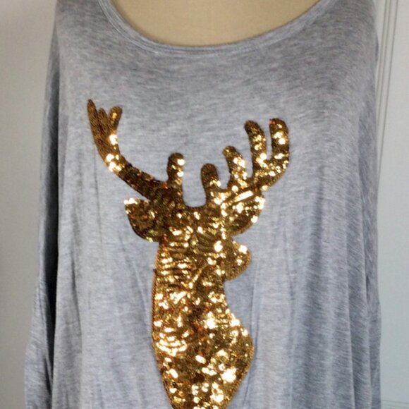 Acting Pro Gray Gold Sequins Deer Shirt XL Holiday Christmas Blingy Boutique Top - Picture 3 of 11